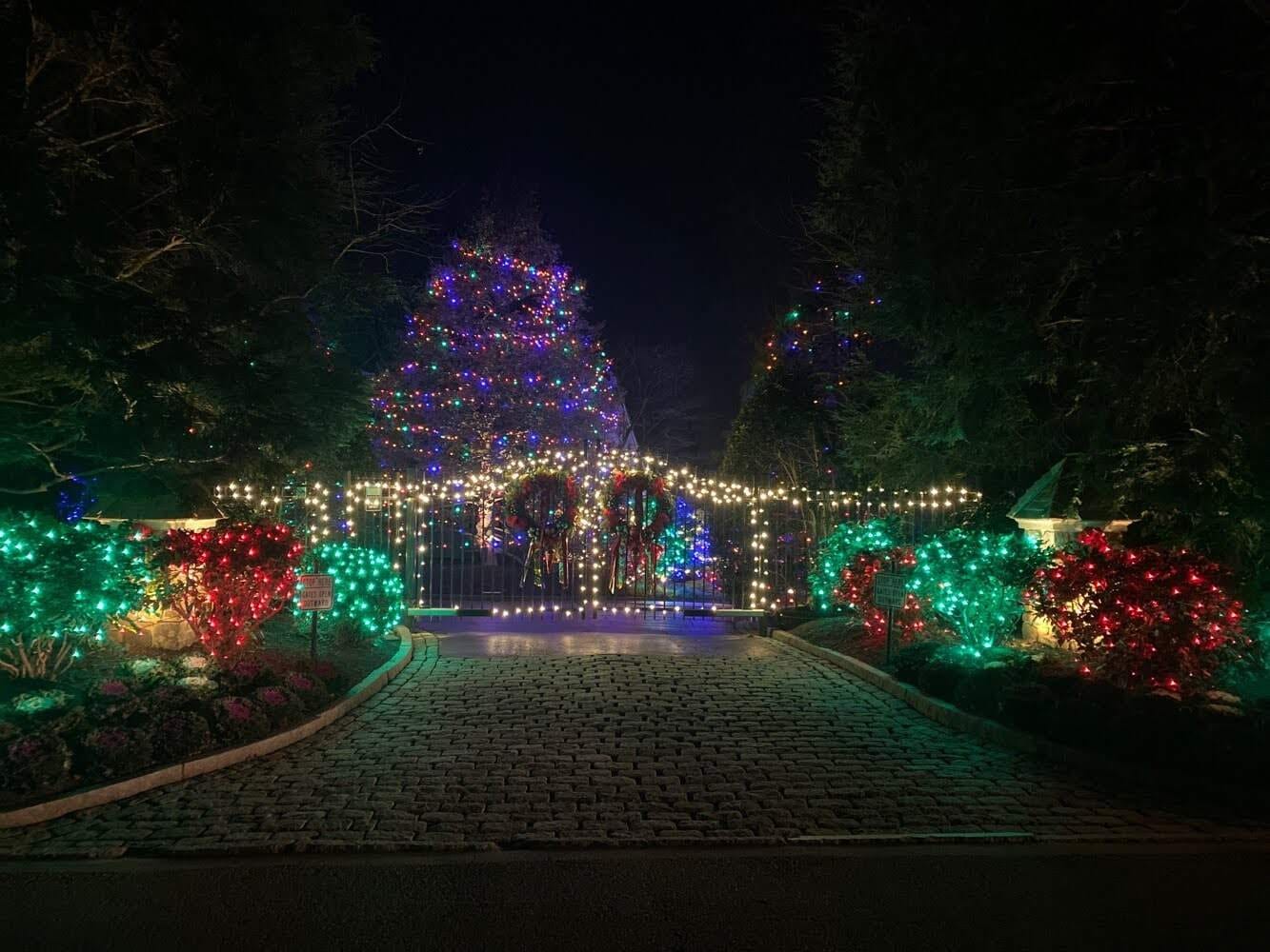 A driveway and gate decorated with colorful Christmas lights and wreaths at night.