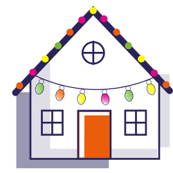 Simple house with colorful lights on the roof and above the door, white background with sparkles.