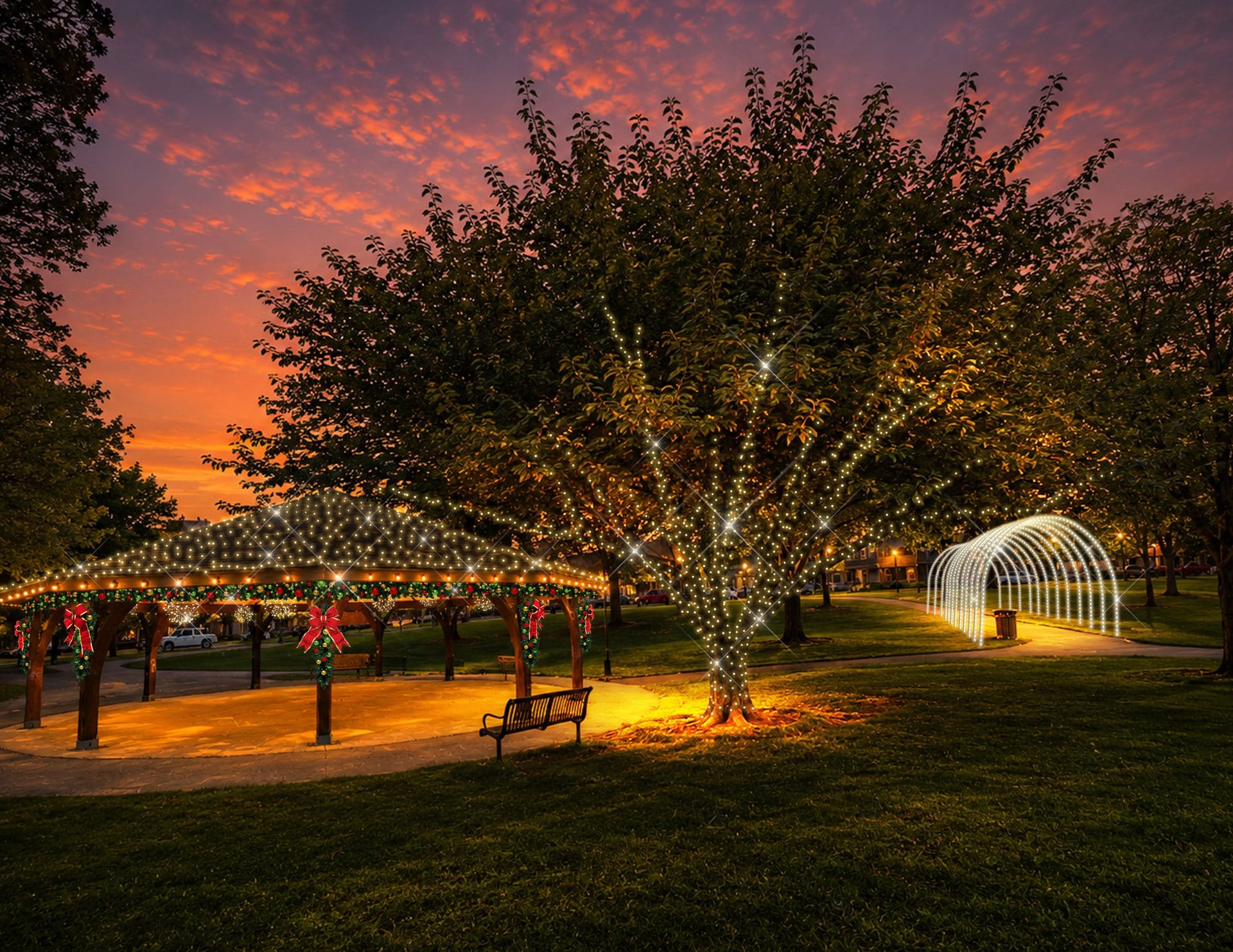 A park at sunset with trees and archways decorated with twinkling white lights and festive ribbons.