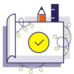 A paper, pencil, and ruler with a yellow check mark and string lights around them.