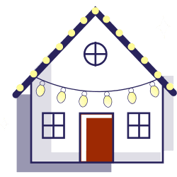Simple house with a red door, four windows, and yellow string lights hanging from the roof.