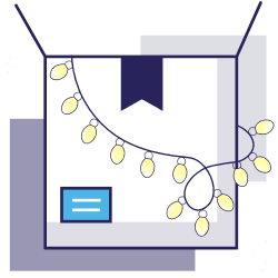 A box with string lights, a blue label, and a dark banner, shown in a minimal, geometric style.