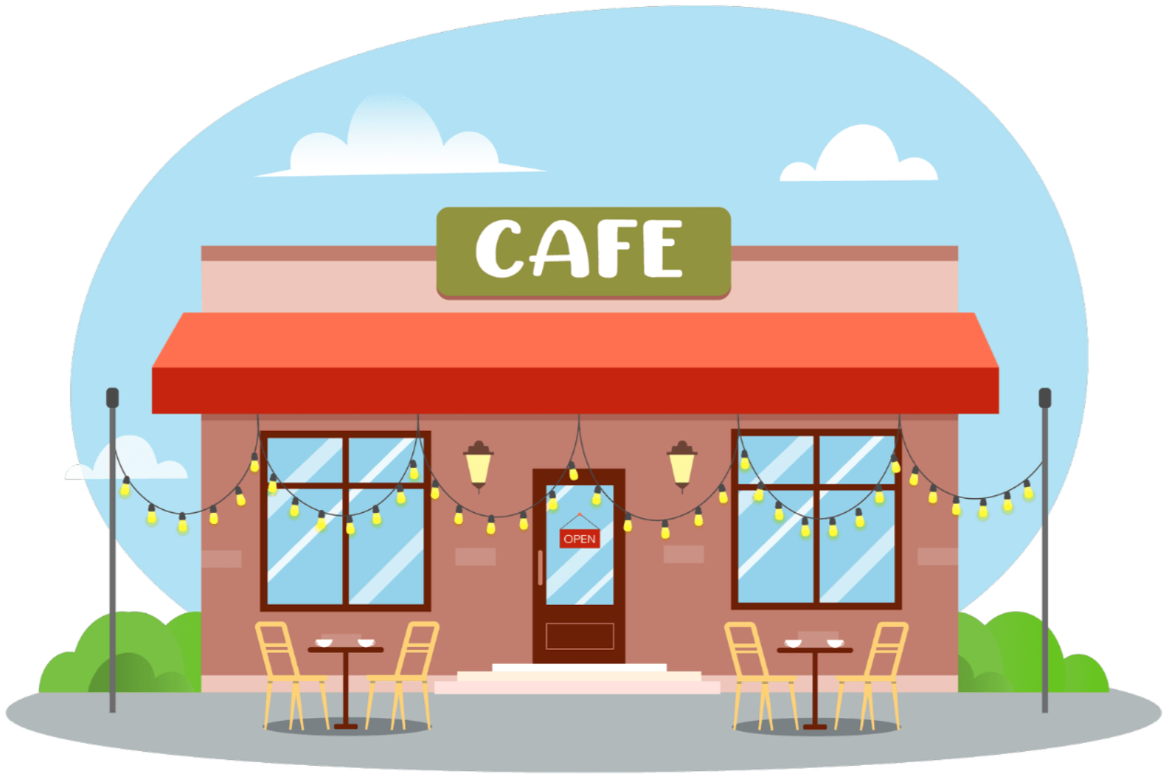 Illustration of a cafe with outdoor tables, string lights, and an OPEN sign on the door.