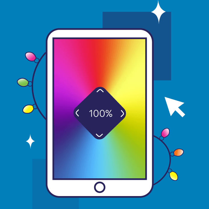 Tablet with a colorful gradient screen showing 100% and festive lights around it, on a blue background.