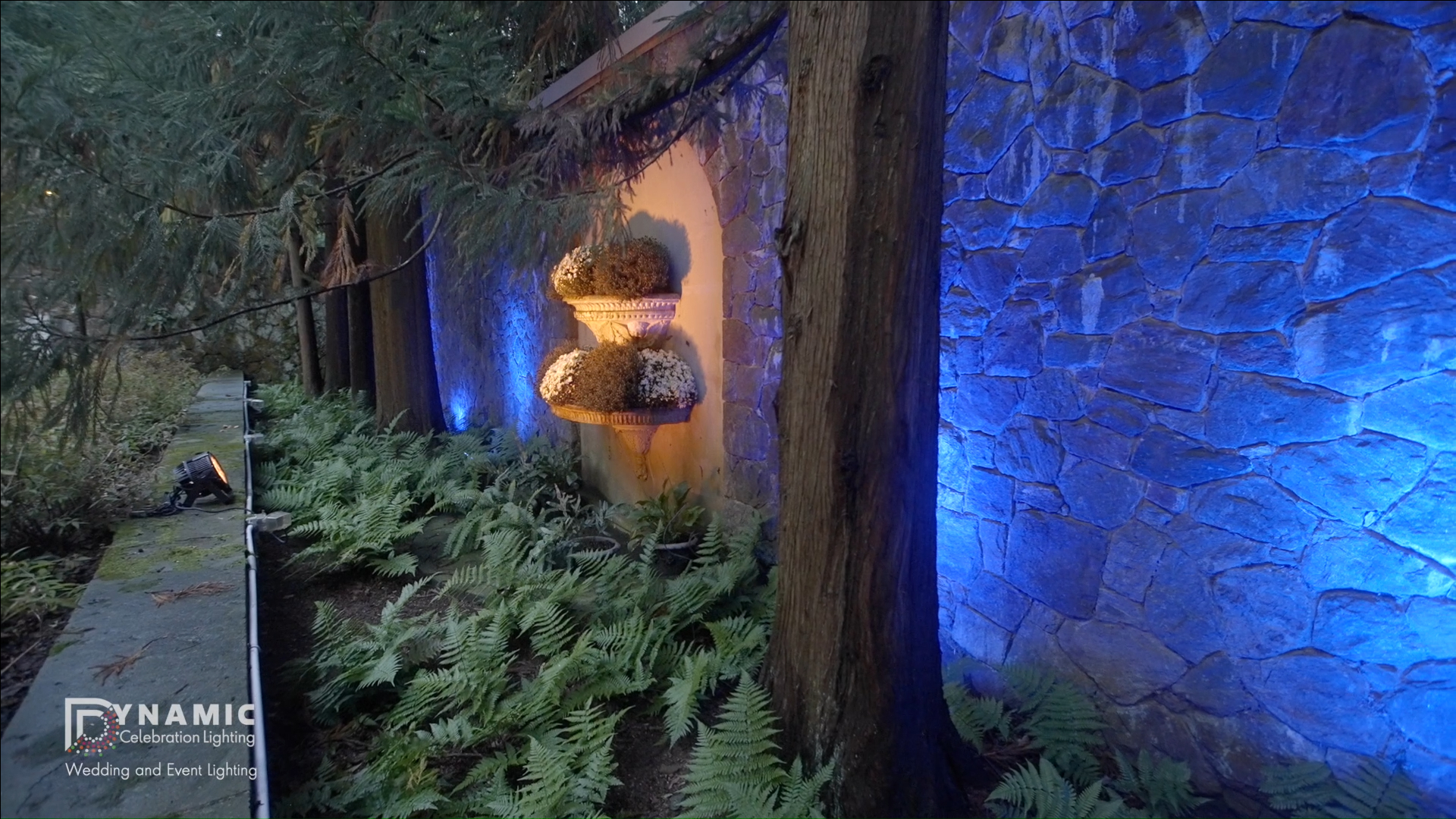 Colored wall wash lighting setting the mood at a wedding and event venue