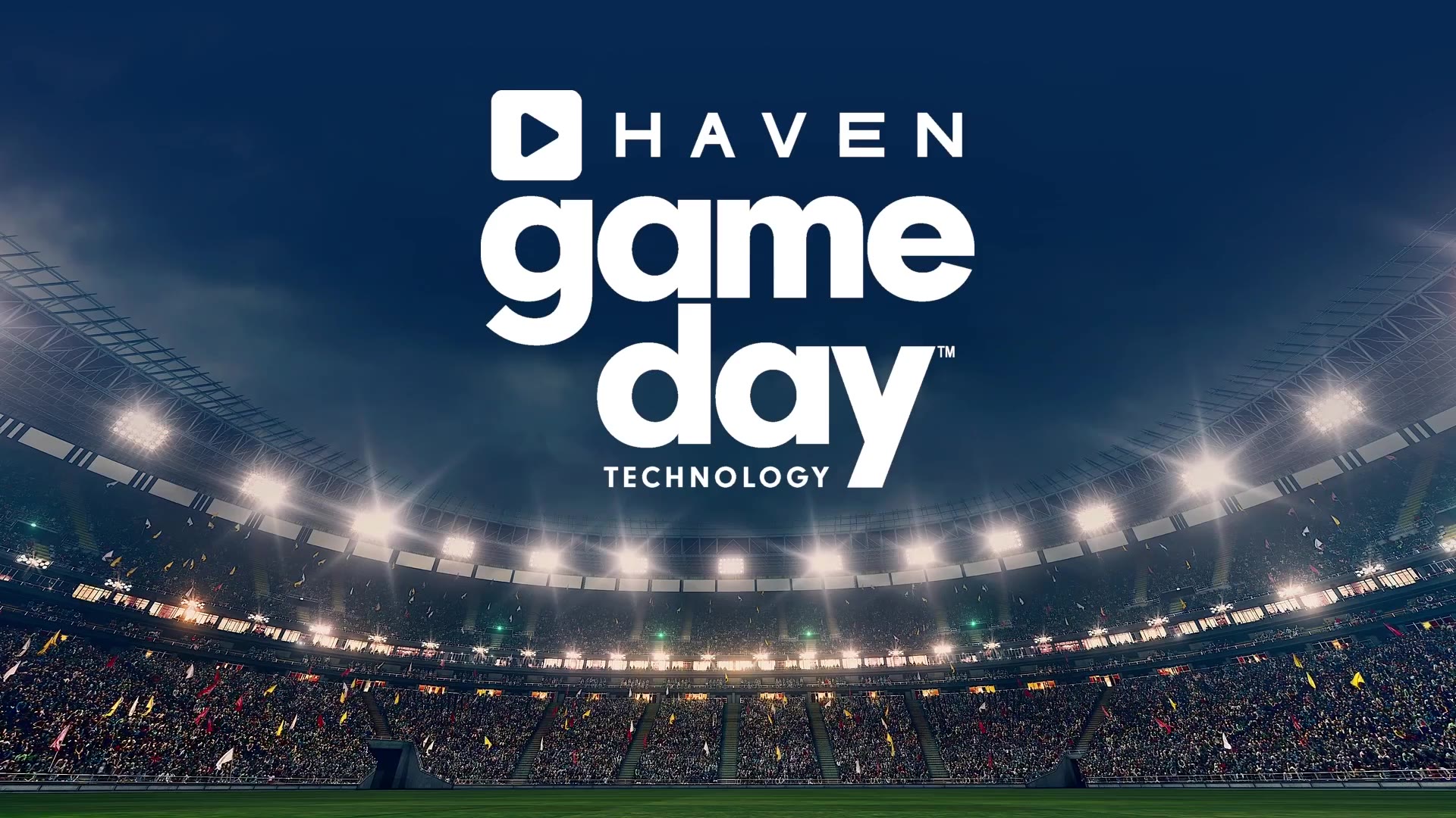 Stadium lights shine over a crowd with Haven Game Day Technology text centered above the field.
