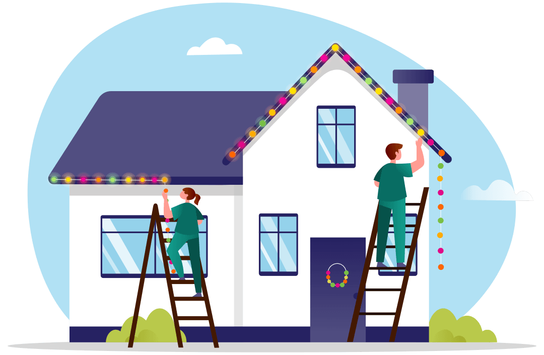 Two people on ladders hang colorful holiday lights and a wreath on a white house with blue trim.