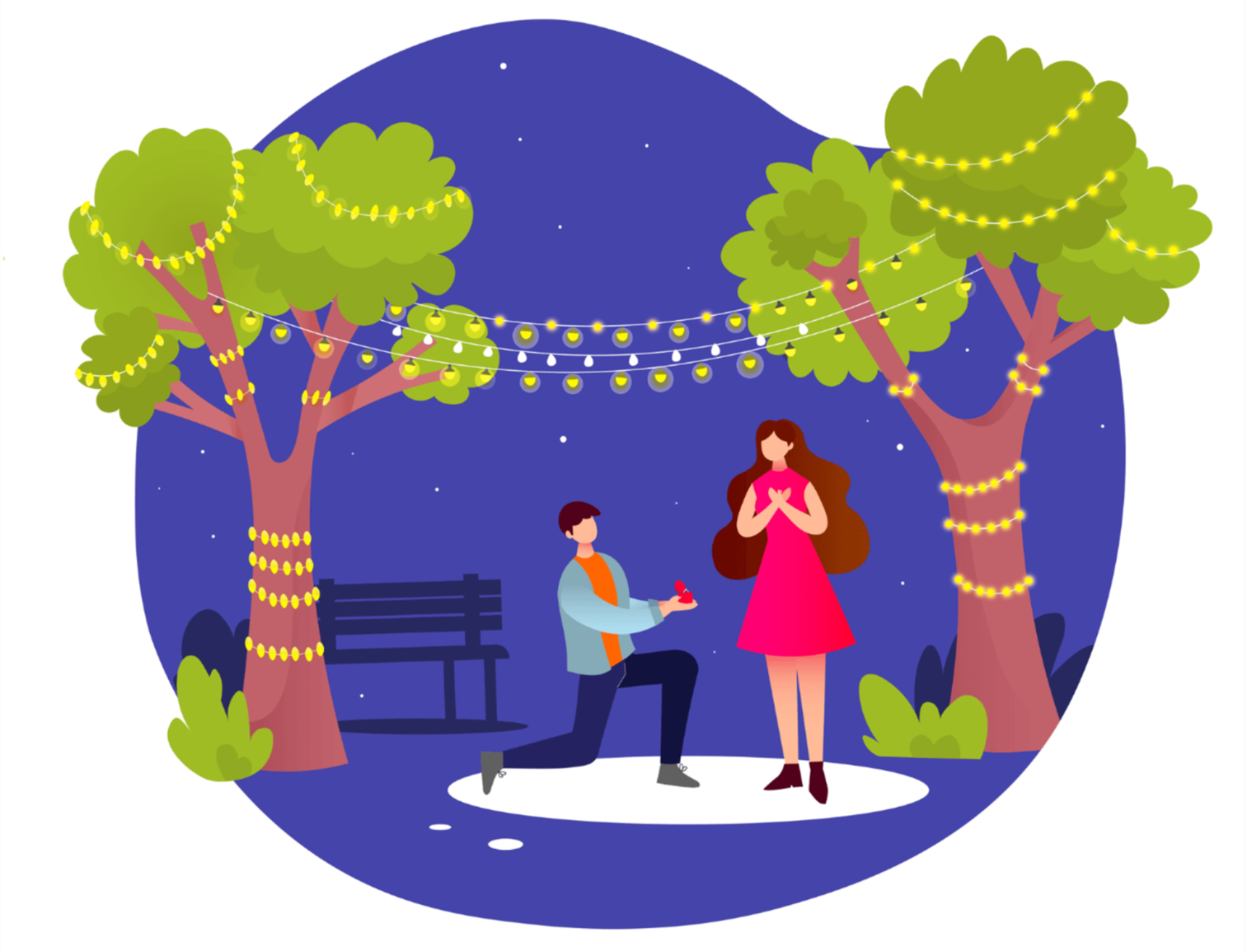 Man proposes to woman in a park at night, trees decorated with string lights, bench in background.