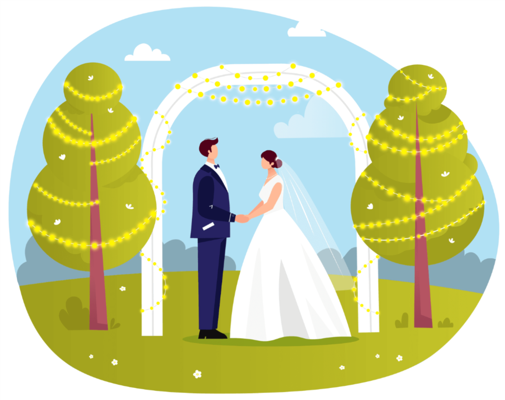 Bride and groom hold hands under an arch with lights, outdoors between two decorated trees.