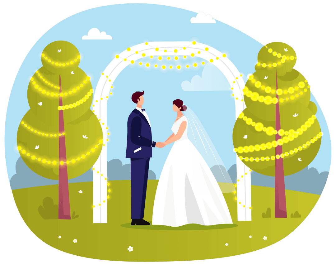 Bride and groom hold hands under a decorated arch outdoors, surrounded by trees wrapped in string lights.
