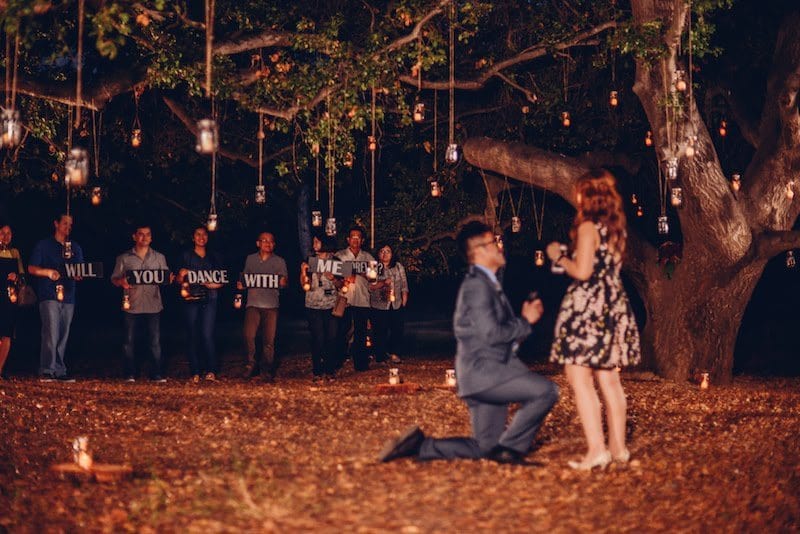 Man kneels proposing to woman outdoors at night, friends hold signs reading Will you dance with me?.