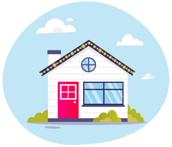 Cartoon house with a red door, large window, shrubs, and clouds in the blue sky.