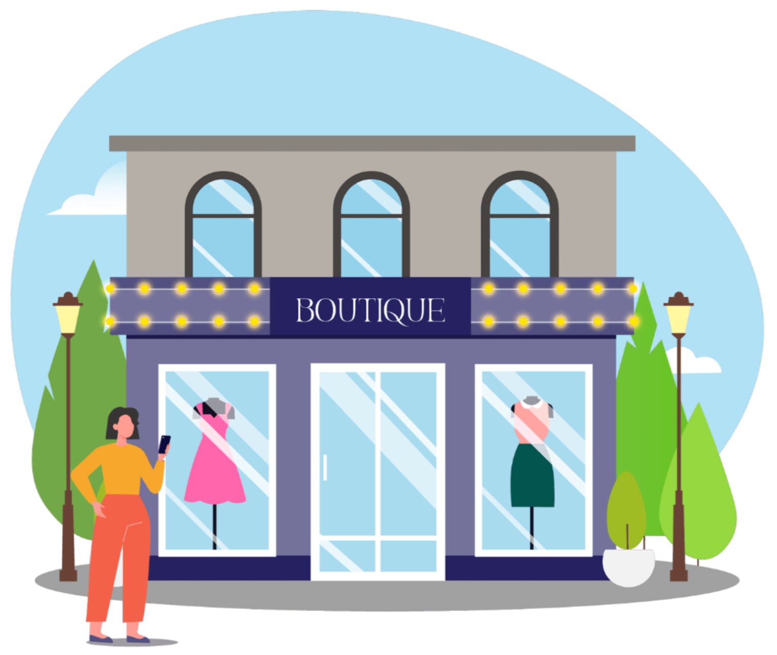 A woman stands outside a boutique shop with dresses displayed in the windows on a sunny day.